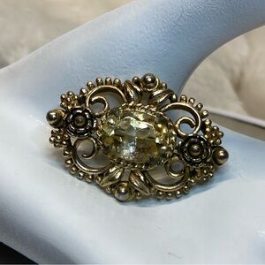 Victorian topaz paste brooch antique topaz colored cut glass, filigree brooch